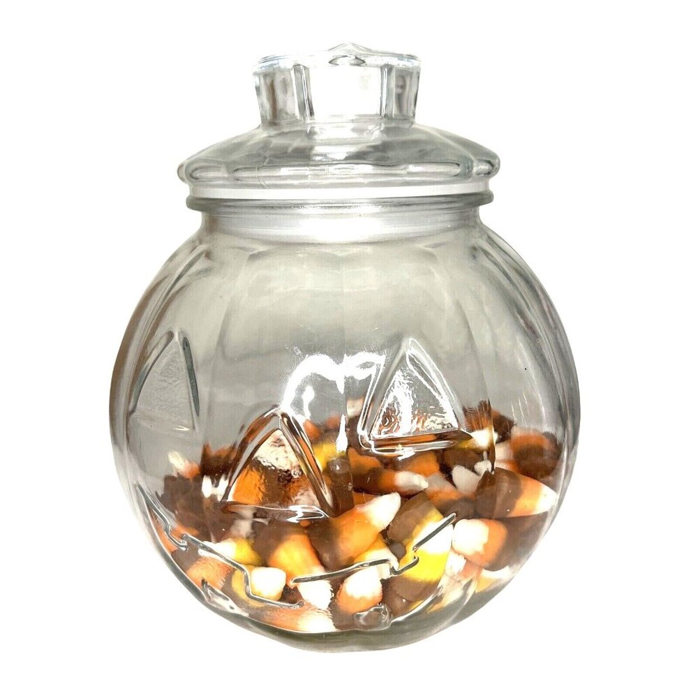 Vintage Clear Glass Jack-O-Lantern Candy Jar Canister